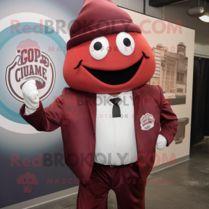 Maroon Clam Chowder mascot costume character dressed with a Suit Jacket and Caps