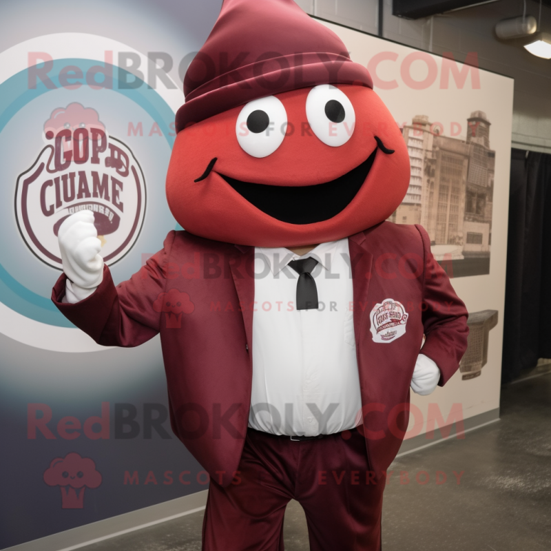 Maroon Clam Chowder mascot costume character dressed with a Suit Jacket and Caps Maroon Clam Chowder mascot costume character dressed with a Suit Jacket and Caps