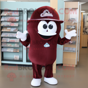 Maroon Clam Chowder mascot costume character dressed with a Suit Jacket and Caps