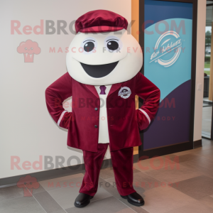 Maroon Clam Chowder mascot costume character dressed with a Suit Jacket and Caps