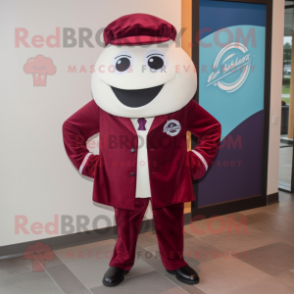 Maroon Clam Chowder mascot costume character dressed with a Suit Jacket and Caps