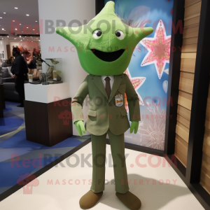 Olive Starfish mascot costume character dressed with a Suit Jacket and Pocket squares