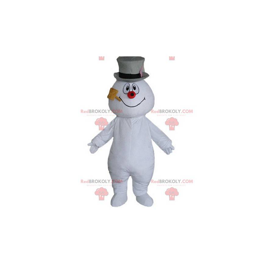 Mascota del muñeco de nieve con un sombrero y una pipa. -