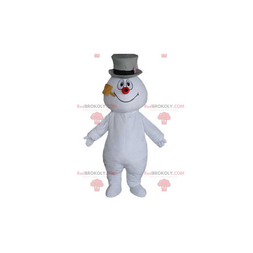 Mascote do boneco de neve com um chapéu e um cachimbo -