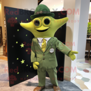 Olive Starfish mascot costume character dressed with a Suit Jacket and Pocket squares