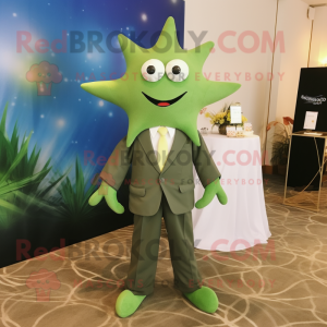 Olive Starfish mascot costume character dressed with a Suit Jacket and Pocket squares