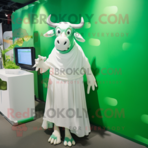 Green Zebu mascot costume character dressed with a Wedding Dress and Wallets