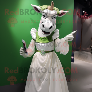 Green Zebu mascot costume character dressed with a Wedding Dress and Wallets