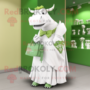 Green Zebu mascot costume character dressed with a Wedding Dress and Wallets