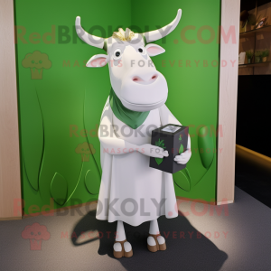 Green Zebu mascot costume character dressed with a Wedding Dress and Wallets