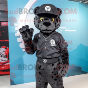 Black Leopard mascot costume character dressed with a Graphic Tee and Berets