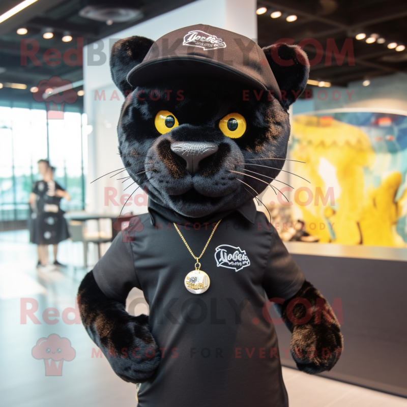 Black Leopard mascot costume character dressed with a Graphic Tee and Berets