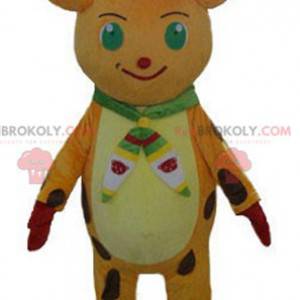 Mascote de rena de Natal laranja e amarelo com um boné -