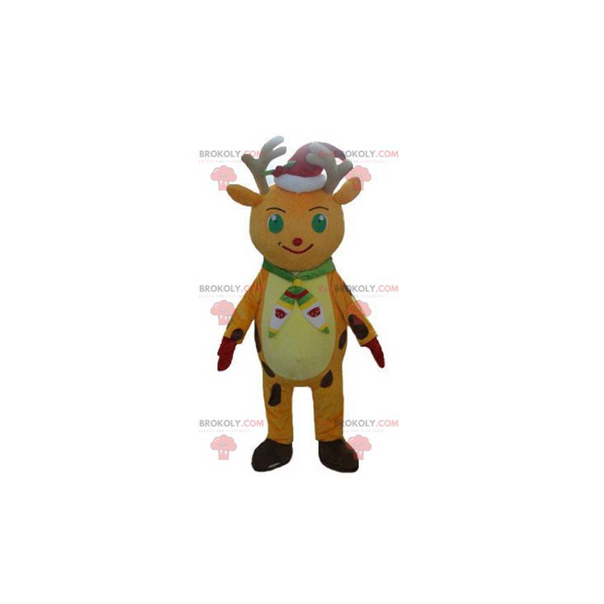 Mascota de reno navideño naranja y amarillo con gorra -
