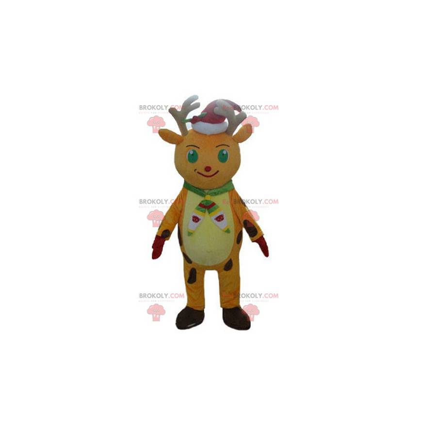 Orange and yellow Christmas reindeer mascot with a cap -