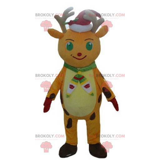 Mascota de reno navideño naranja y amarillo con gorra -
