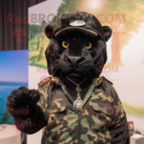 Black Leopard mascot costume character dressed with a Graphic Tee and Berets