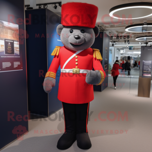 Red British Royal Guard mascot costume character dressed with a Skinny Jeans and Mittens