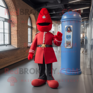 Red British Royal Guard mascot costume character dressed with a Skinny Jeans and Mittens