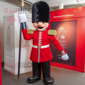 Red British Royal Guard mascot costume character dressed with a Skinny Jeans and Mittens