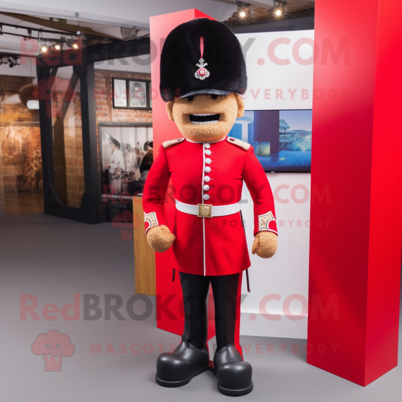 Red British Royal Guard mascot costume character dressed with a Skinny Jeans and Mittens