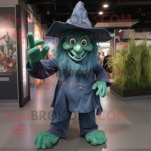 Forest Green Witch mascot costume character dressed with a Denim Shirt and Caps