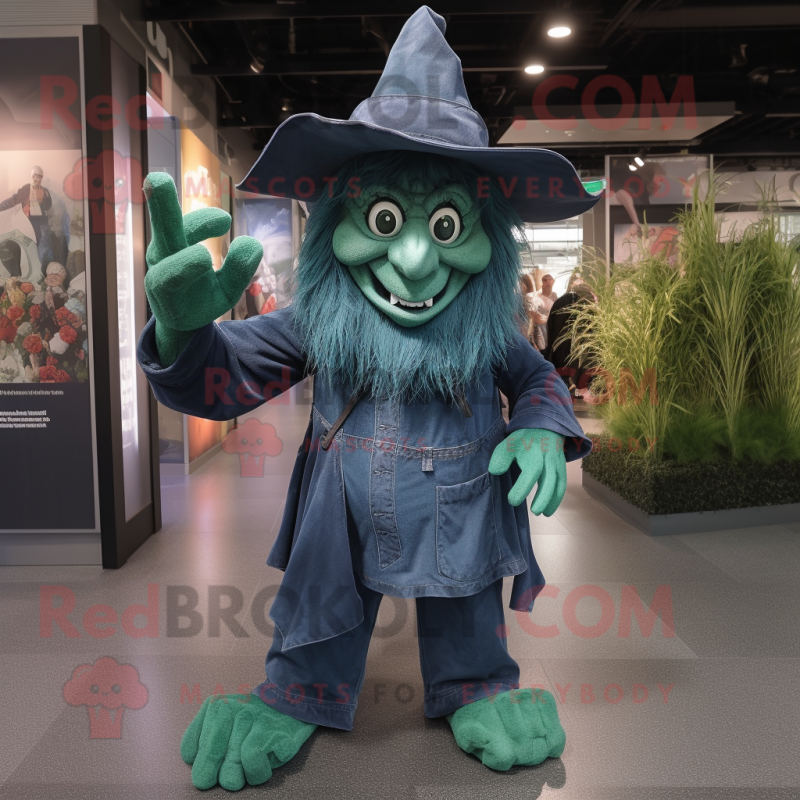 Forest Green Witch mascot costume character dressed with a Denim Shirt and Caps