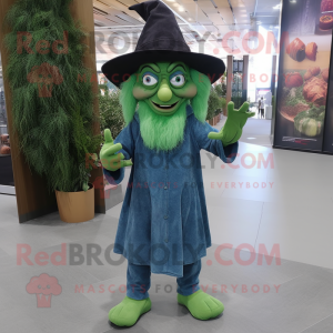 Forest Green Witch mascot costume character dressed with a Denim Shirt and Caps