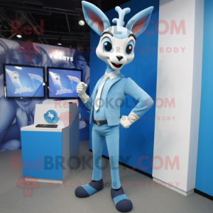 Sky Blue Gazelle mascot costume character dressed with a Suit Pants and Watches