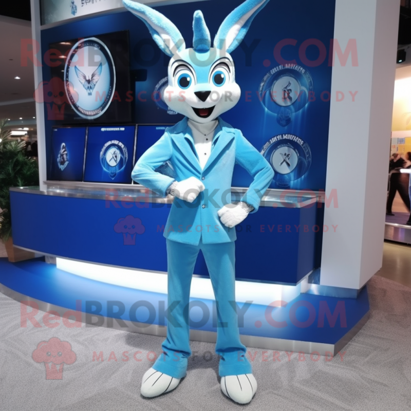 Sky Blue Gazelle mascot costume character dressed with a Suit Pants and Watches