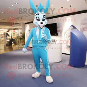 Sky Blue Gazelle mascot costume character dressed with a Suit Pants and Watches