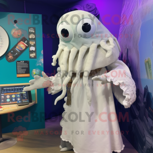 White Kraken mascot costume character dressed with a Blouse and Shawl pins