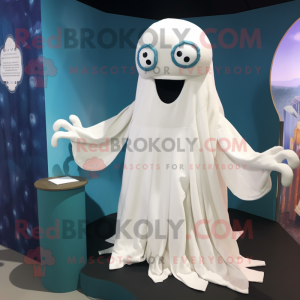 White Kraken mascot costume character dressed with a Blouse and Shawl pins