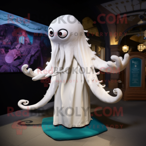 White Kraken mascot costume character dressed with a Blouse and Shawl pins