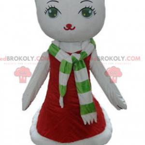 Biała maskotka kot w świątecznej sukience - Redbrokoly.com