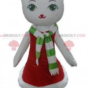 Mascote gato branco com vestido de Natal - Redbrokoly.com