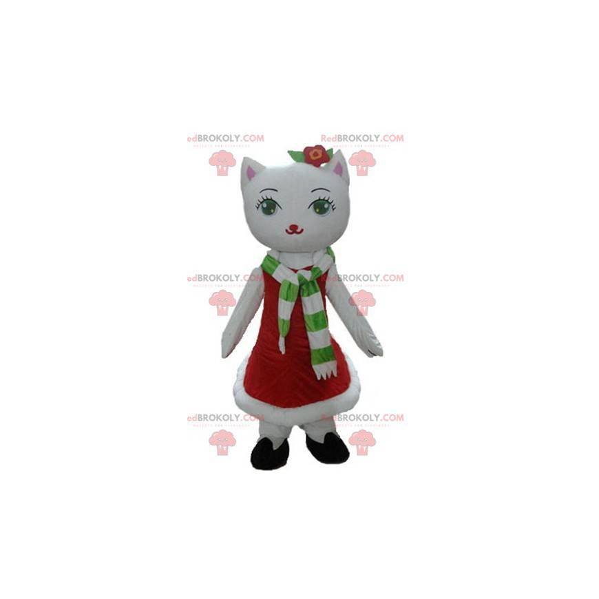 Mascote gato branco com vestido de Natal - Redbrokoly.com