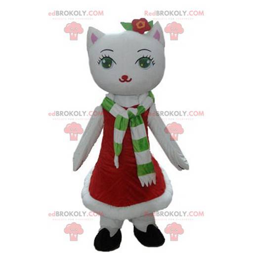 Biała maskotka kot w świątecznej sukience - Redbrokoly.com