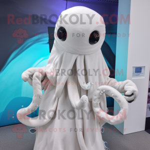 White Kraken mascot costume character dressed with a Blouse and Shawl pins
