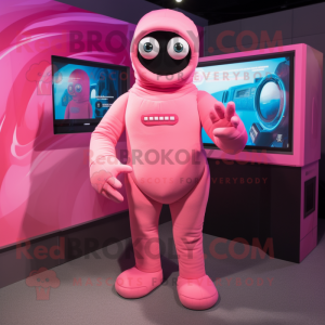 Pink Cyclops mascot costume character dressed with a Turtleneck and Mittens