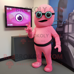 Pink Cyclops mascot costume character dressed with a Turtleneck and Mittens