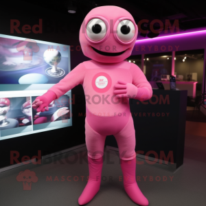Pink Cyclops mascot costume character dressed with a Turtleneck and Mittens