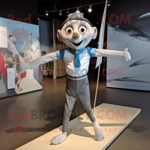 Silver Tightrope Walker mascot costume character dressed with a Graphic Tee and Pocket squares