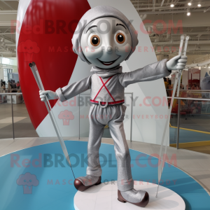 Silver Tightrope Walker mascot costume character dressed with a Graphic Tee and Pocket squares