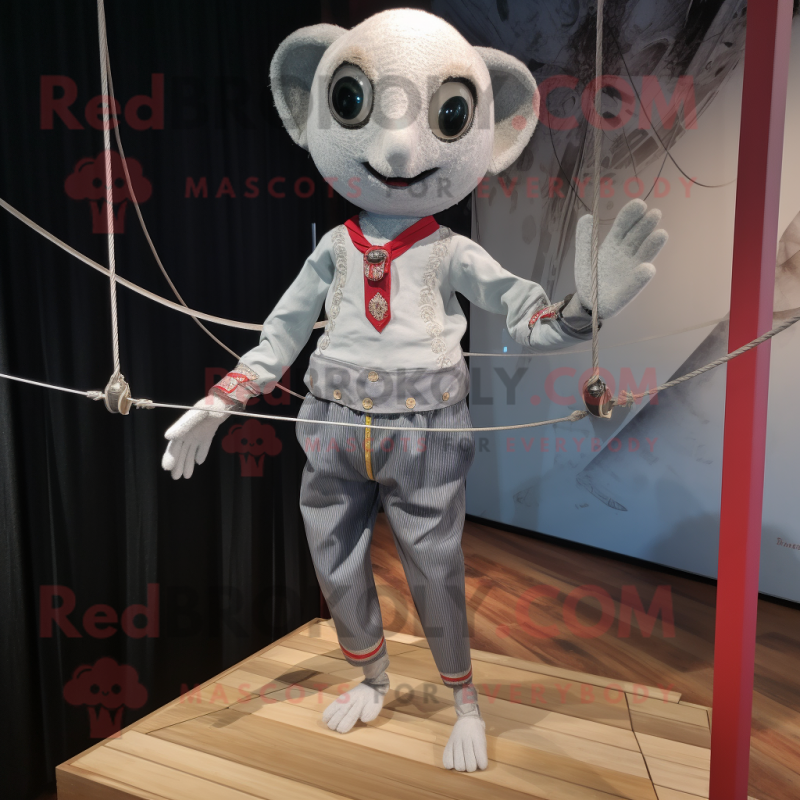 Silver Tightrope Walker mascot costume character dressed with a Graphic Tee and Pocket squares Silver Tightrope Walker mascot costume character dressed with a Graphic Tee and Pocket squares
