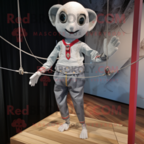 Silver Tightrope Walker mascot costume character dressed with a Graphic Tee and Pocket squares