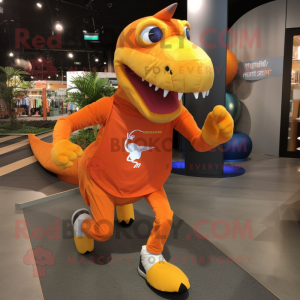 Orange Tyrannosaurus mascot costume character dressed with a Running Shorts and Messenger bags