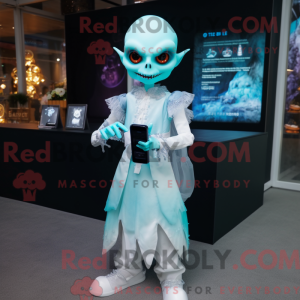 Maskotfigur av en cyan...