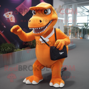 Orange Tyrannosaurus mascot costume character dressed with a Running Shorts and Messenger bags