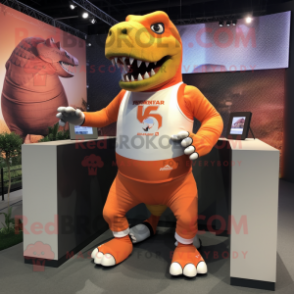 Orange Tyrannosaurus mascot costume character dressed with a Running Shorts and Messenger bags